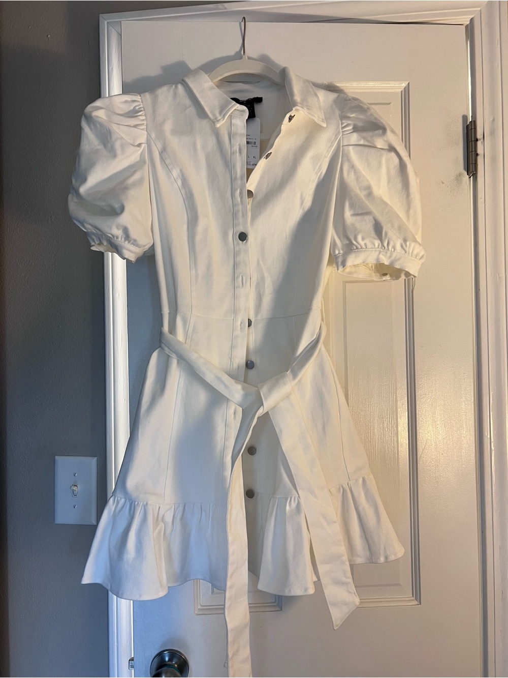 Denim by Jealous Tomato Boutique White Puff-Sleeve Button Mini Dress with Tie